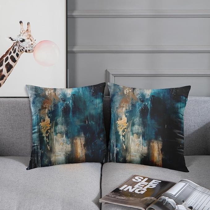 Britimes Throw Pillow Covers Modern Home Art Decor, 20 x 20 Inches Set of 2 Pillow Cases Decorative, Abstract Oil Painting Pillowcases for Bedroom, Living Room, Cushion Couch Sofa, Teal Black