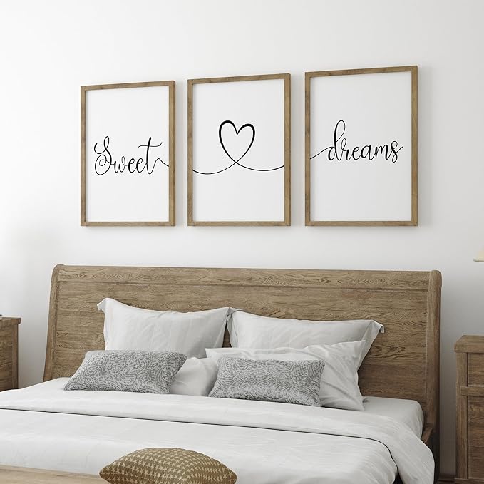 Ronasip Sweet Dreams Wall Decor for Bedroom Set of 3 Framed Wall Art for Farmhouse Rustic Home Master Bedroom Decor (11”x14”, Brown)