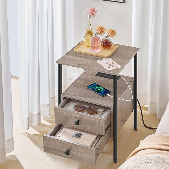 HOOBRO End Table with Charging Station, Bedside Table with 2 Drawer & USB Port & Type-C Port, Nightstand for Small Spaces, Stable and Sturdy, for Living Room, Greige and Black BG43UBZ01