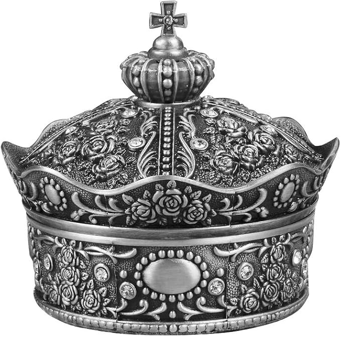 Creative Vintage Metal Alloy Crown Design Jewelry Box Ring Trinket Case Christmas Birthday Gift, Large