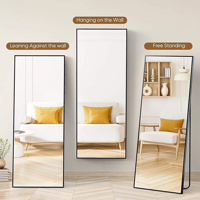 NEWBULIG Full Length Mirror 71.1"x25" for Bedroom, Full Body Mirror with Stand, Hanging or Leaning for Wall, Aluminum Alloy Thin Frame Floor Standing for Living Room, Long, Deep Black