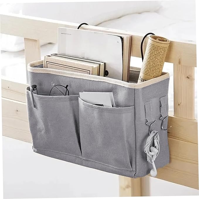 Bedside Storage Organizer, 11x4x7.5 Large Capacity Cotton and Linen Bedside Caddy with Pockets & Hooks, Hanging Storage Bag for Headboards/Bunk Bed, Caddy