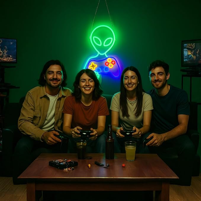 Alien Gamer Neon Sign, Dimmable Alien with Game Controller LED Lights for Game Room Wall Decor, Bedroom, Man Cave, Best Gamer Gifts for Teen Boys and Kids, 16 x 12 inch