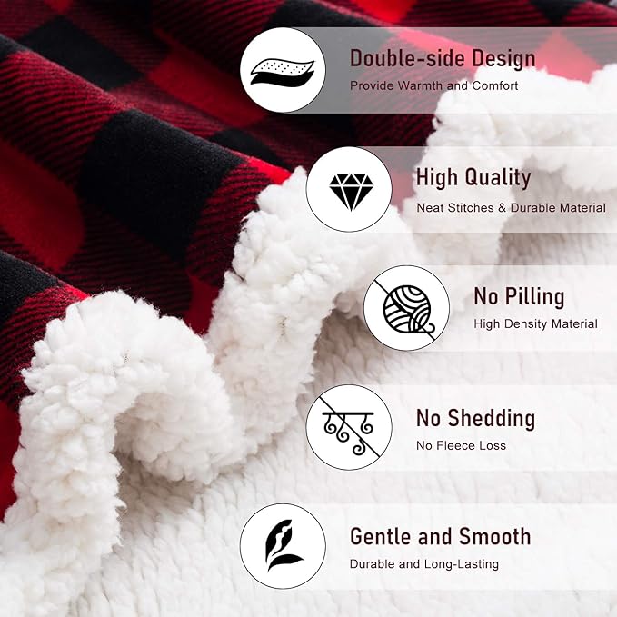 BEAUTEX Christmas Sherpa Fleece Throw Blanket, Super Soft Warm Buffalo Plaid Plush Blankets and Throws, Warm Winter Cozy Fuzzy Blanket for Couch Sofa Bed (Red, 50" x 60")