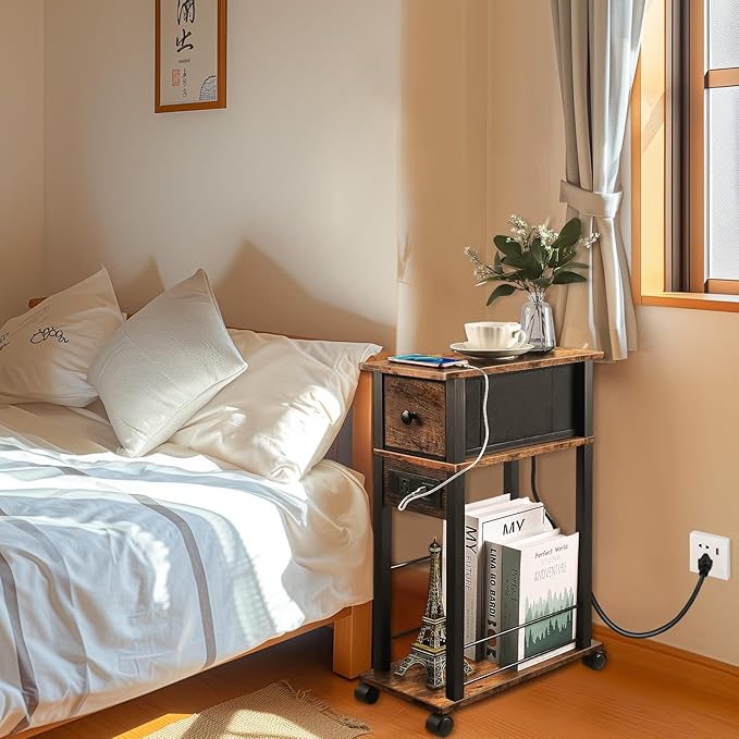Sofa Side Table Narrow End Table (1PC) - Rustic Brown & Black Two-Tone, Side Table with Charging Station (1 AC + 2 USB) & Storage Drawer, 4 Wheels Mobile Nightstand for Bedroom Living Room