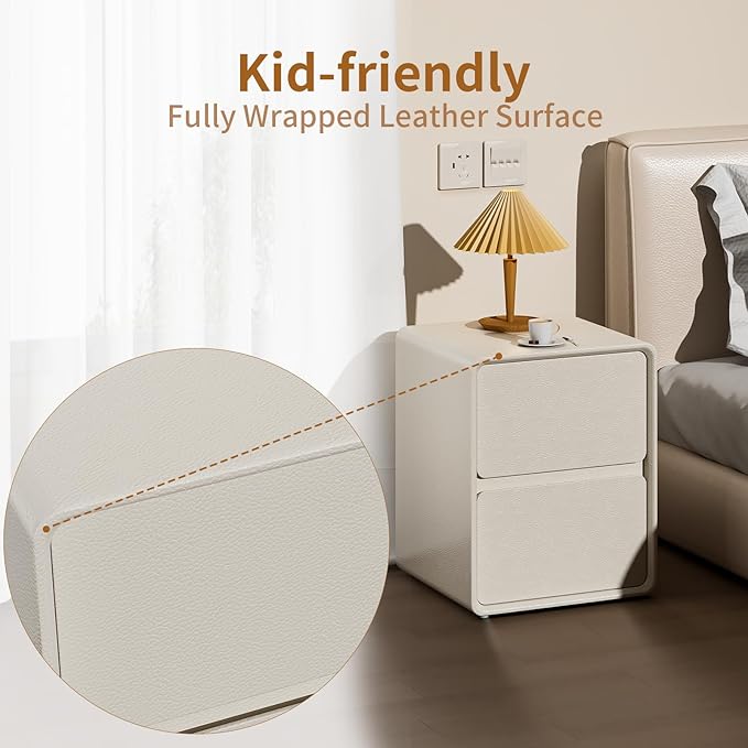 VICITON Modern Narrow Faux Leather Nightstand, Solid Wood Drawer, Storage Accent Table, Small Side End Table for Bedroom (Cream White, Large(15.8 inch))