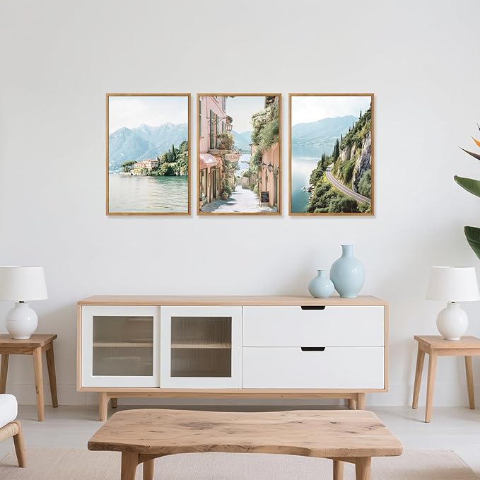 CHDITB Coastal Wall Art, Coastal Town Framed Canvas Poster, Mountain Lakeside Village Scenery Wall Decor, Modern Ocean Country Landscape Artwork for Living Room, Bedroom office decor 12"x16"x3