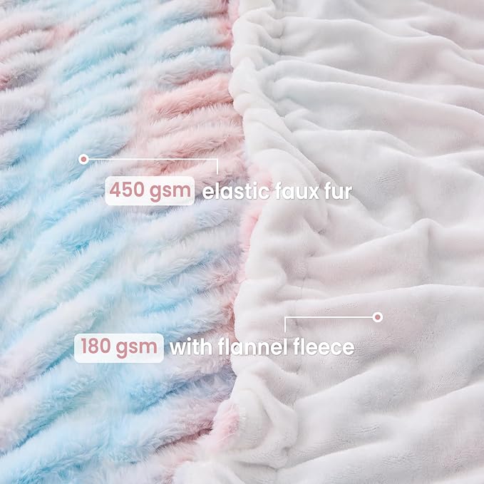 Softan Extra Soft Faux Fur Blanket, Warm Striped Faux Fur Throw Blanket with Flannel Fleece Reverse for Couch Sofa Bed Living Room, Pink Blue- 50"x 60"