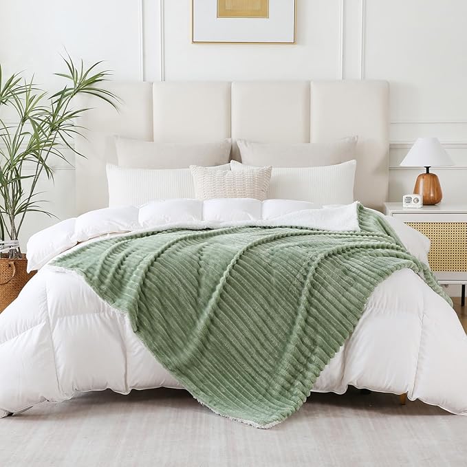 Sage Green Sherpa Fleece Throw Blanket 60”×80” for Couch Sofa Bed,Super Soft Cozy Plush Double Side Thick Flannel Blanket with Striped Design Lightweight for Adults,Woman,Girls