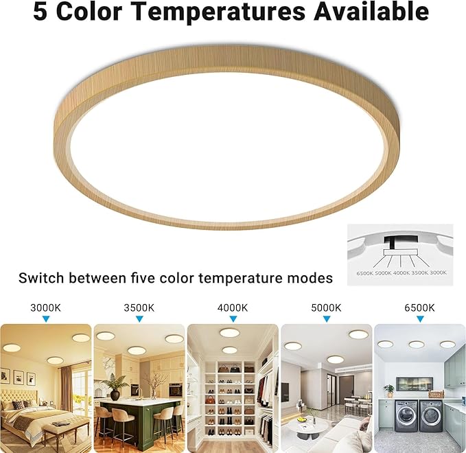 2 Pack LED Flush Mount Ceiling Light,7Inch 15W,3000K/3500K/4000K/5000K/6500K 5 Color Temperatures Ceiling Light Fixture for Kitchen Porch Hallway Bedroom Bathroom and Closet,Wood