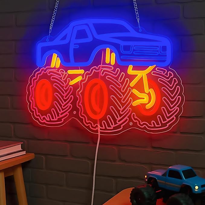 Monster Truck Neon Sign for Boys Room, Playroom Wall Decor, Trendy Teen Room Decorations, Party and Birthday Gift Idea, Night Light with USB Powered Dimmable Switch, 15 x 10.5 in