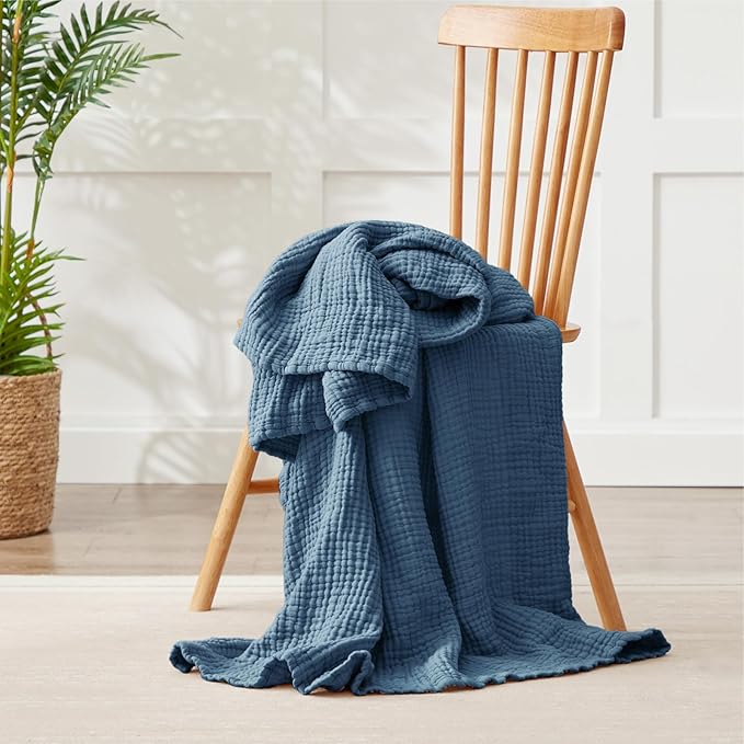 100% Cotton Muslin Blanket Twin XL 66" x 90", 6 Layers Breathable and Lightweight Twin Blanket for Bed, Soft Boho Bedspread, Gauze Bedding for All Season, Blue
