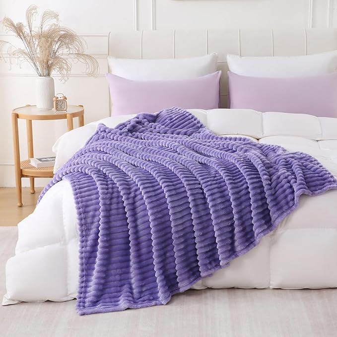 Lavender Throw Blanket for Couch Sofa 60x80 inches Striped Fleece Blankets Room Home Decor Lightweight Plush Soft Cozy Gifts for Women Mom Girls