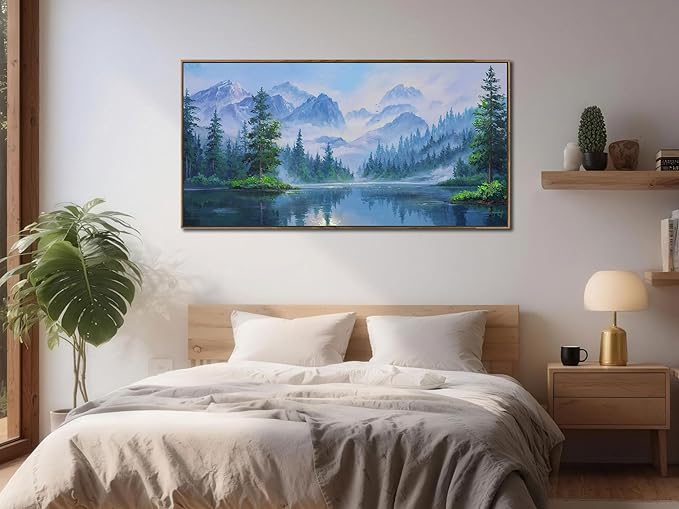 Ardemy Framed Lake & Mountain Canvas Wall Art 40"x20", Textured Blue-Green Landscape Painting, Large Nature Picture for Living Room Bedroom Office Decor