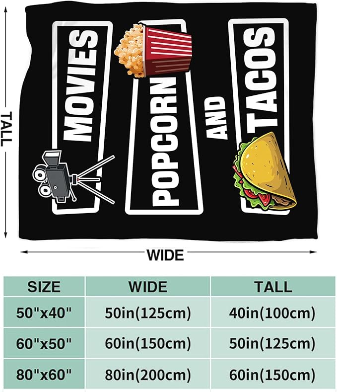 Movie Taco Popcorn Blanket for Girls Women Boys Men Adults Kids Soft Cozy Fleece Theater Cinema Film Throw Blankets Gifts Warm Flannel Plush Lightweight Decor for Couch Bed Sofa 50"X40"