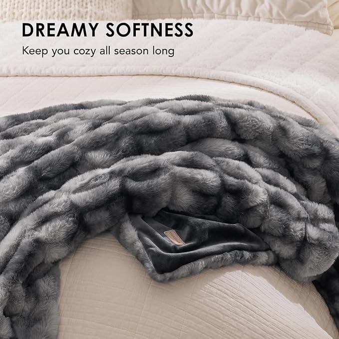 EVERGRACE Luxurious Soft Faux Fur Throw Blanket, Cozy Fuzzy Plush Warm Throws for Couch Bed Sofa Chair Home Decor, Ruched Bubble Fluffy Blanket with Reversible Velvet, 50" x 60", Gray