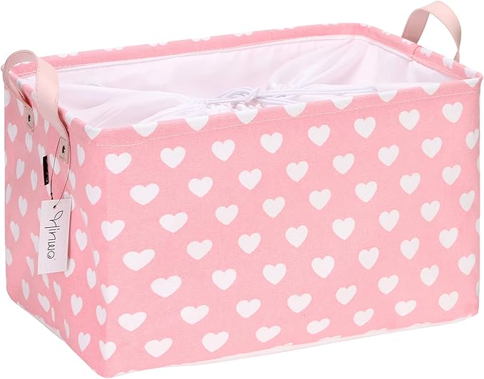 Hinwo Large Canvas Fabric Storage Basket with Handles, 33L/8.6-Gal Rectangle Bin, Collapsible Storage Box, Clothes, Toys, Blankets Organizer, 16.5 x 12 x 10 Inches (L, Pink Heart)
