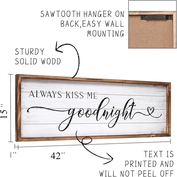 Large Above Bed Wall Decor Bedroom Sign Bedroom Decor with Solid Wood Frame for Couples, Always Kiss Me Goodnight Sign for Bedroom, Love Theme Wall Decor 42''×15''