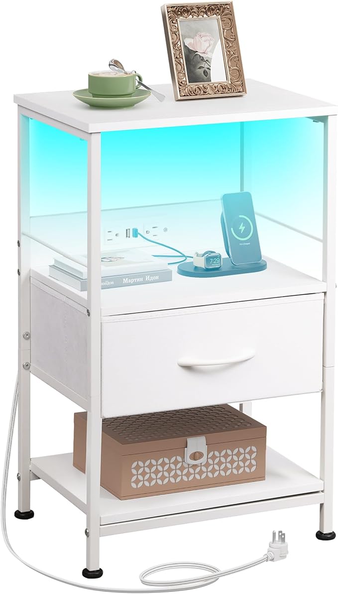 WLIVE White Night Stand with Charging Station, LED Nightstand with Adjustable Fabric Drawer, 3-Tier Storage Bedside Table, Small End Side Tables for Bedroom