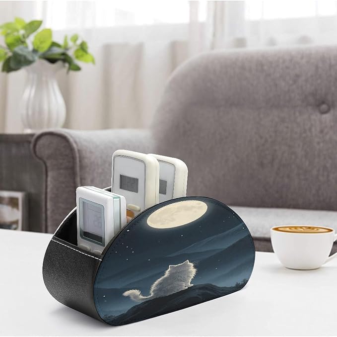 Lonely Cat Moon Remote Control Holder Organizer Box with 5 Compartment PU Leather Bedside Storage Caddy Remote Organizer for Controller Media Player Pen/Pencil Storage