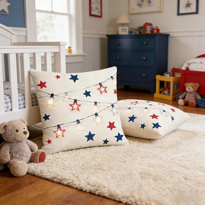 4th of July Throw Pillow Covers, Independence Day Star Design, Linen, 18x18 Inch, Set of 2, Farmhouse Style