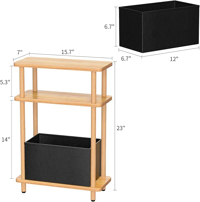 Narrow Side Table with Fabric Basket, 7" Wide, 3 Tier Skinny End Table with Wood Legs, Slim Nightstand/Bedside Table for Small Spaces, with Adjustable Feet, 15.7" L x 23" H