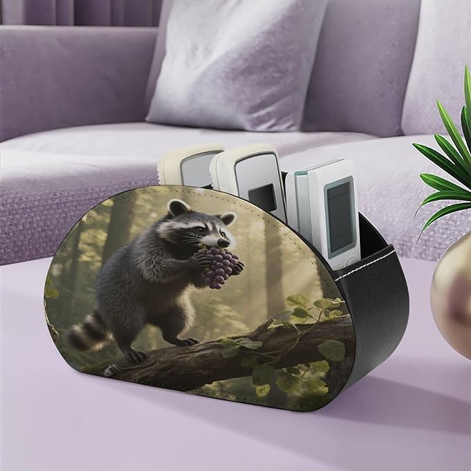 Raccoon Remote Control Holder Organizer Box with 5 Compartment PU Leather Bedside Storage Caddy Remote Organizer for Controller Media Player Pen/Pencil Storage