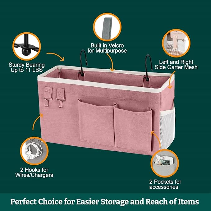 Bedside Caddy Organizer Hanging Storage Bag with Pockets for Books, Magazines, Phone, Tablet & Water Bottle – 2-Pack Bedside Storage for Dorm Rooms, Bunk Beds, Hospital Beds & Cribs,Pink