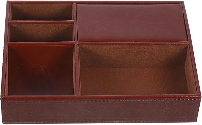 Beaupretty Brown Faux Leather Jewelry Storage Box with Multiple Compartments, Nightstand Organizer for Rings, Watches, Wallets, and Phones, Retro Style Jewelry Holder for Bedroom and Dresser