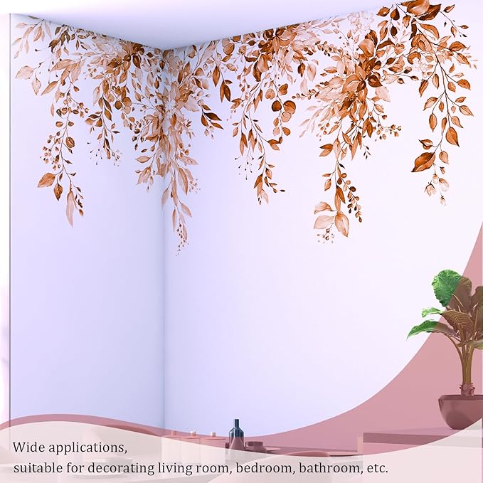 Orange Plants Leaves Wall Decals Peel and Stick, Large Floral Flowers Vinyl Wall Stickers, Removable Vine Home Decor Art for Bedroom Living Room Classroom Office