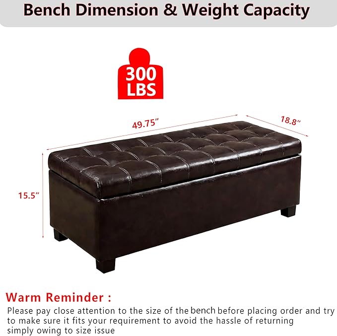 49.75" PU Leather Storage Ottoman Bench for Bedroom Bed End,Tufted Faux Leather Ottomans with Storage for Living Room,Bedside,Entryway,Modern Window Benches with Seating