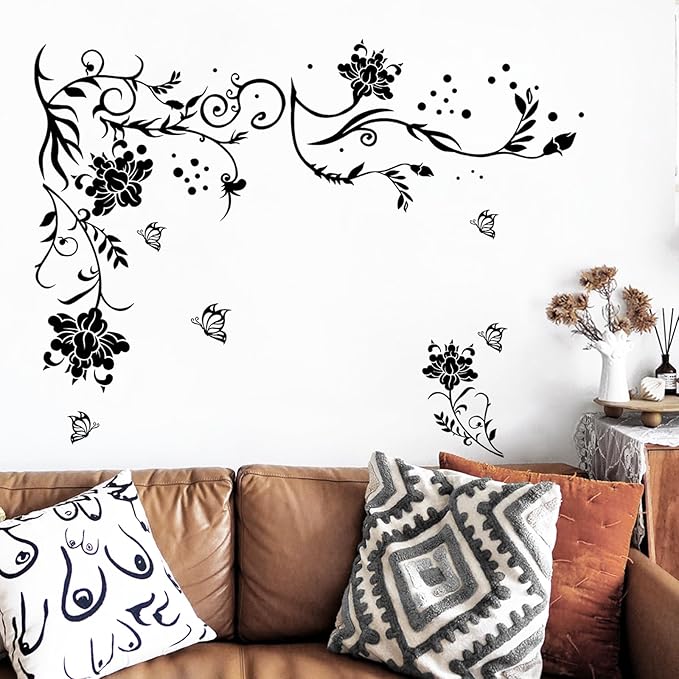Supzone Flowers & Butterflies Wall Decals - DIY Black & Floral Wall Stickers for Bedrooms & Living Rooms