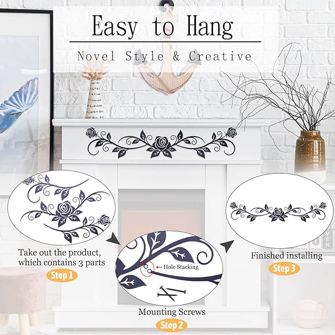 AHYS Metal Flowers Wall Decor Rustic Flat Rose Vine Wall Art for Farmhouse Home Living Room Bedroom for Above Door/Bed/Windows Decor (Black) - 29x6.3 Inch