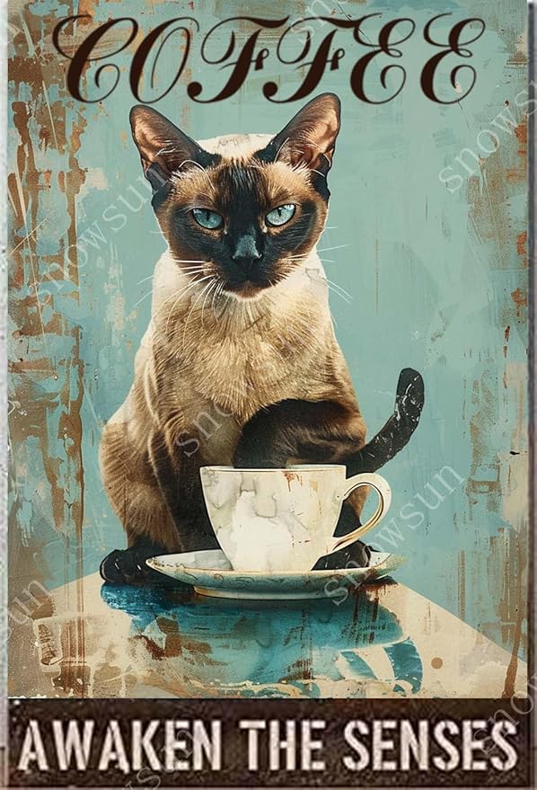 snowsun Funny Drink Coffee Cat Vintage Metal Tin Sign Aluminum Metal Signs Retro Metal Sign Bar Cafe Restaurant Room 8X12 Inches