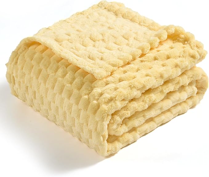 Vessia Flannel Fleece Queen Size Bed Blanket(90x90 inch), 3D Jacquard Light Yellow Fuzzy and Warm Blanket for Adults, 300GSM Super Soft Touch Cozy Lightweight Bed Decor for All-Season