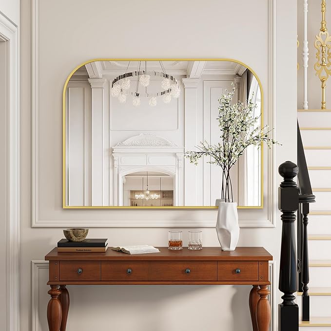 Gold Wall Mounted Bathroom Mirror - 48 x 30 Inch Round Cruved Top Right Angle Bottom Wall Mirror, Aluminum Metal Framed, Decor for Living Room, Bedroom, Fireplace, Mantle, Entryway