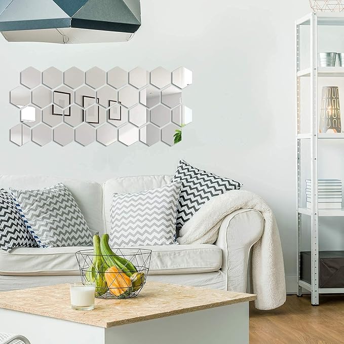 24 Pieces Removable Acrylic Mirror Setting Wall Sticker Decal for Home Living Room Bedroom Decor (Hexagon, 24 Pieces)