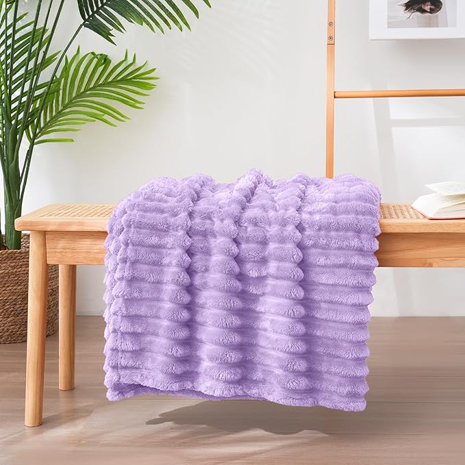 Vessia Flannel Fleece Throw Blanket for Couch,Sofa,Bed, 300GSM Striped Light Purple Throw Blanket for Adults and Kids, Super Soft Warm Cozy Lightweight Home Decor for All-Season(50x70inch)