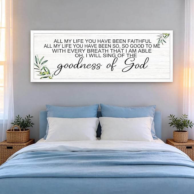 Goodness of God Christian Wall Decor: 40x15 Inch Large Framed Christian Inspirational Wall Art, Religious Scripture Quote Wooden Sign, Christian Home Decor for Living Room Bedroom, White