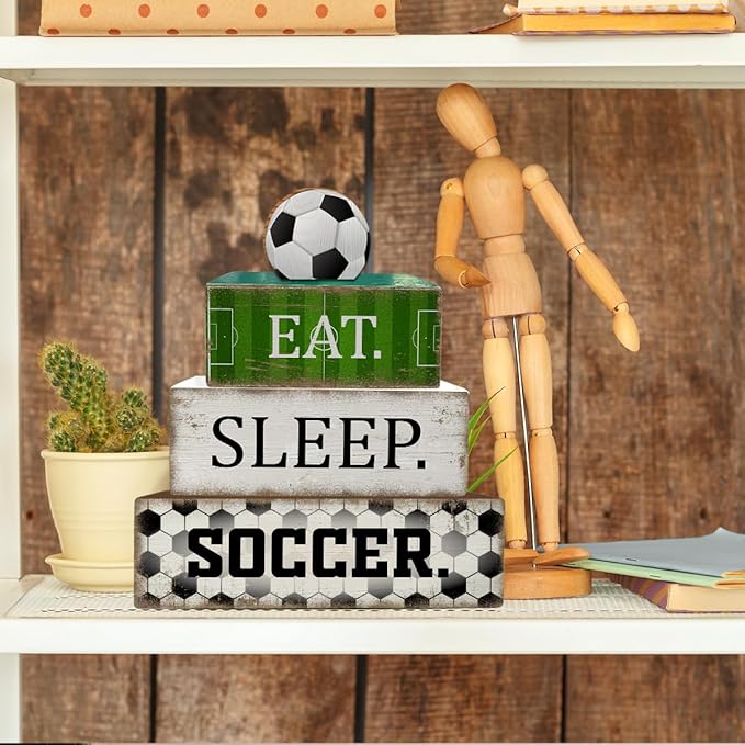 4 Pcs Soccer Table Decorations Wooden Tabletop Tiered Tray Decor Rustic Soccer Wood Block Sign Gift Table Centerpiece for Birthday Party Home Teens Room Desktop Shelf