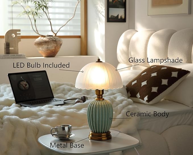 Vintage Table Lamp for Living Room,16" Mid Century Modern Ceramic Lamps for Bedroom,Retro Bedside Nightstand Mushroom Glass Lamps, Classic Chinoiserie Green Lamp for Home Decor (LD003)