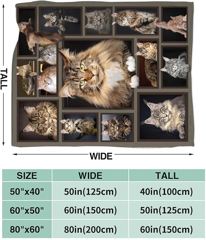 Cat Blanket for Girls Women Boys Men Adults Kids Soft Cozy Fleece Maine Coon Throw Blankets Gifts for Cat Lovers Warm Flannel Plush Stuff Lightweight Decorative for Couch Bed Sofa 60"X50"