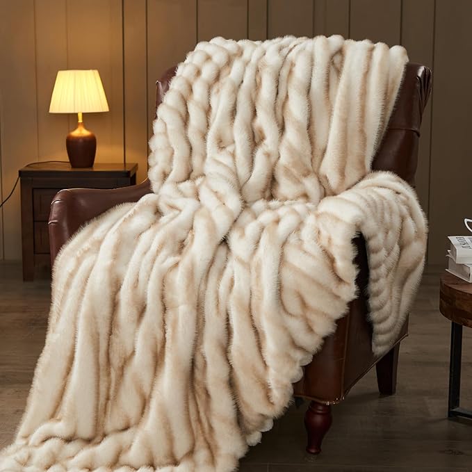NEWCOSPLAY Faux Fur Twin Blanket Brown Luxury Fluffy Thick Warm Blanket for Couch Sofa Bed 1000GSM (Stripe Brown Thick, Twin(60"x80"))