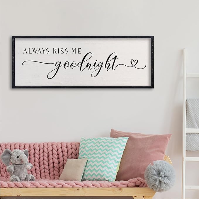 comurdyo Love Theme Always Kiss Me Goodnight Sign 32"×12" Romantic Couple Large Master Bedroom Above bed Wood Frame for Framed Rustic Farmhouse Minimalist Horizontal Wall Art Decor (Black)