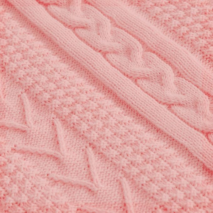 Longhui bedding Acrylic Pink Cable Knit Sherpa Throw Blanket - Thick, Soft, Big, Cozy Knitted Fleece Blankets for Couch, Sofa, Bed - Large 60 x 80 Inches Coverlet All Season