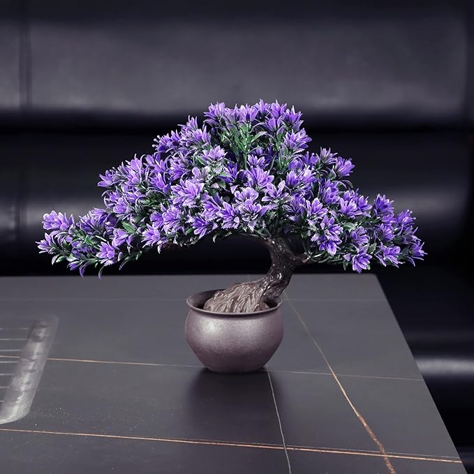 Artificial Bonsai Tree Fake Plants for Home Decor, Living Room Bathroom Bookshelf Entryway Table Wall Shelf Modern Farmhouse Decor, 9.5" Tall, Purple