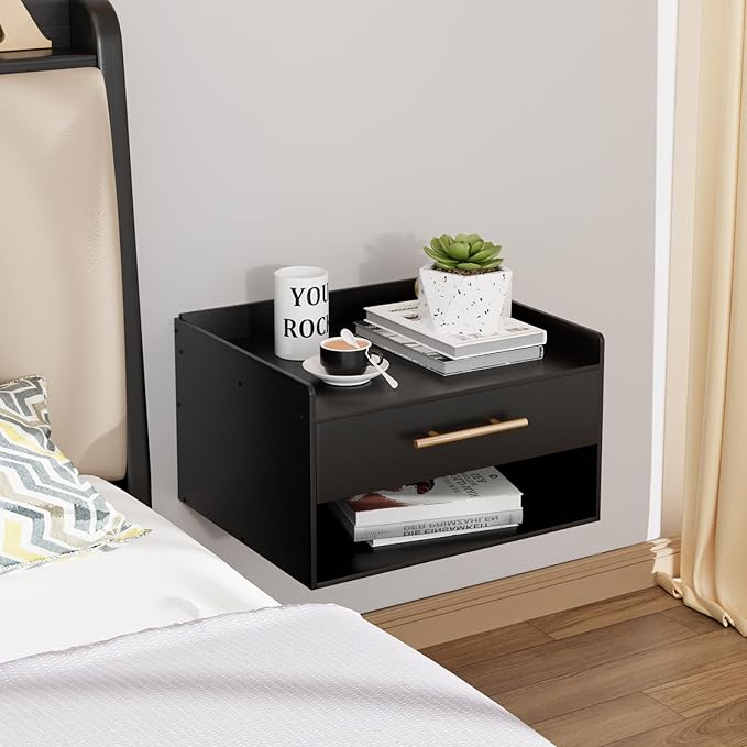 Bamboo Floating Nightstand with Storage Drawer and Modern Open Shelf Cubby，Bedroom, Living Room, Kitchen, Tool Room for use. (Black, Assembly)