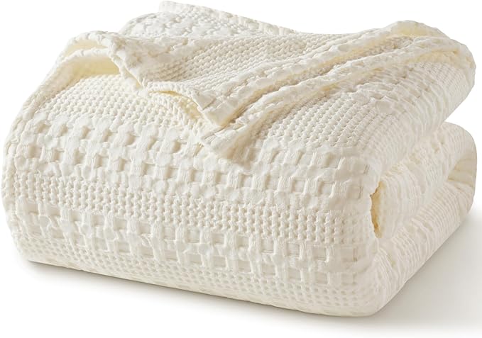 PHF 100% Cotton Waffle Weave Blanket King Size for Bed, Soft Lightweight & Breathable for Spring and Summer, All-Season Comfort, Luxury Aesthetic Blanket for Home Decor, 108"x90", Ivory