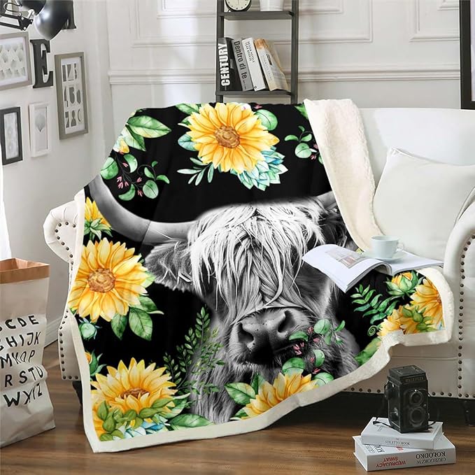 Erosebridal Highland Cow Sherpa Blanket 40"X50",Yellow Sunflower Throw Blanket Boho Tribal Bull Plush Bed Blanket for Kids Teens Adults,Rustic Farmhouse Animal Fleece Flanket Black