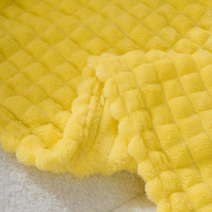 Puncuntex Flannel Fleece Throw Blanket Bright Yellow 60"×80",Super Soft Plush Cozy Blanket with Square Grid Design Luxury for Couch Sofa Chair